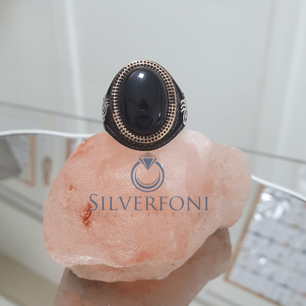 Silverfoni 925 Ayar Gümüş oniks taşlı osmanlı tuğralı   erkek yüzük