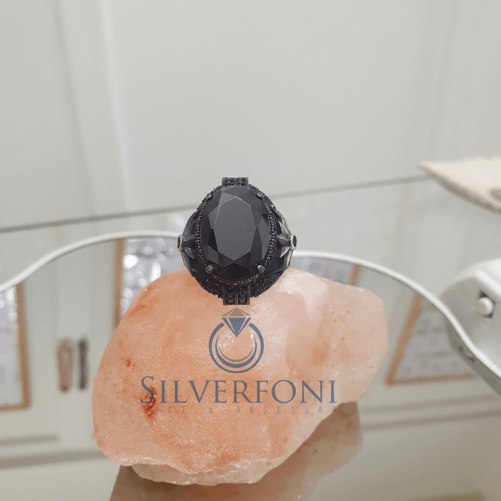 Silverfoni 925 Ayar Gümüş Oval Oniks taşlı pusula  erkek yüzük