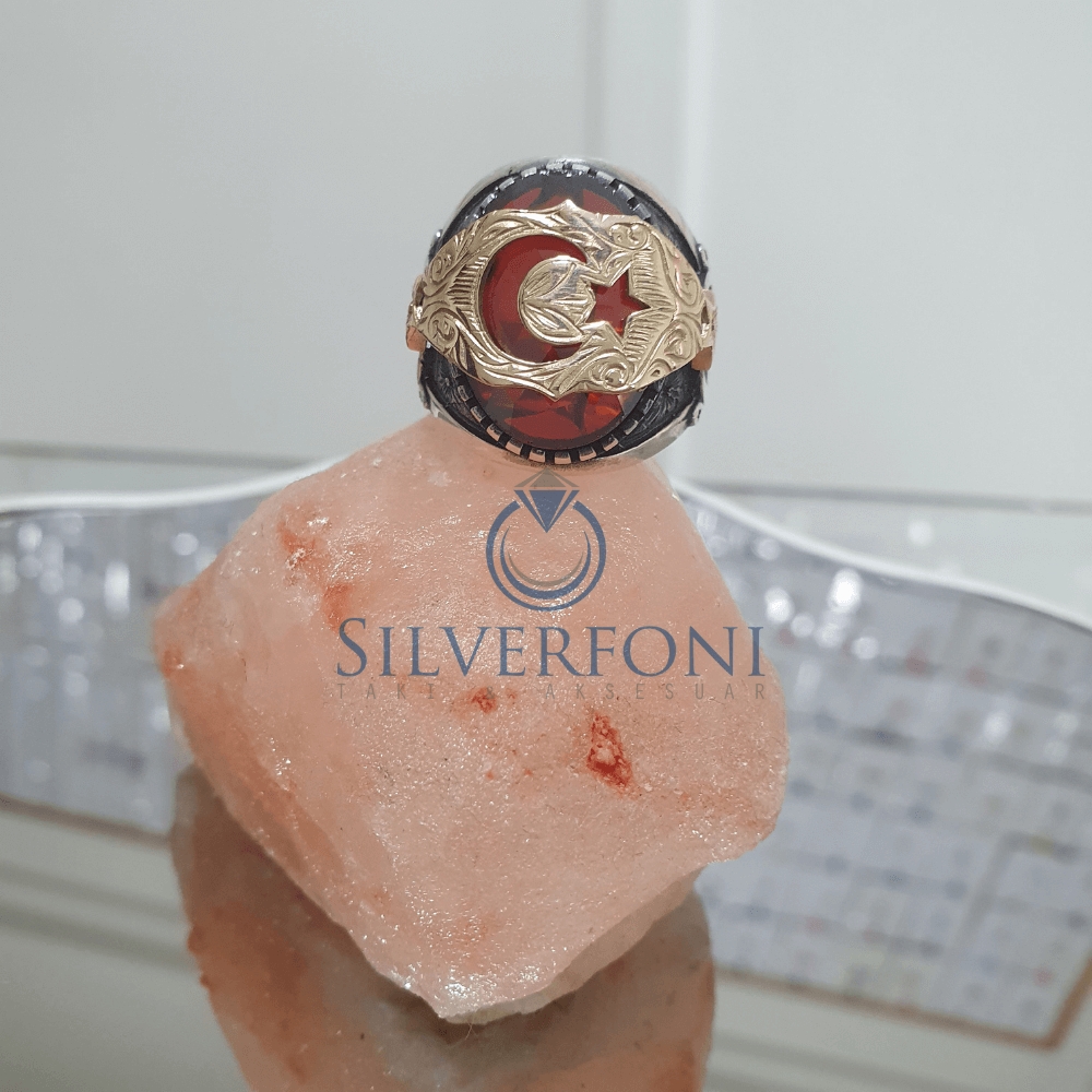 Silverfoni 925 Ayar Gümüş Ay Yıldız motifli  erkek yüzük