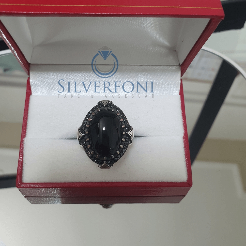 Silverfoni 925 Ayar Gümüş Oval oniks taşlı  erkek yüzük