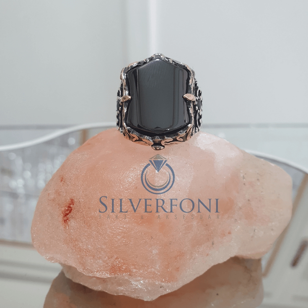 Silverfoni 925 Ayar Gümüş siyah büyük  Oniks taşlı  erkek yüzük