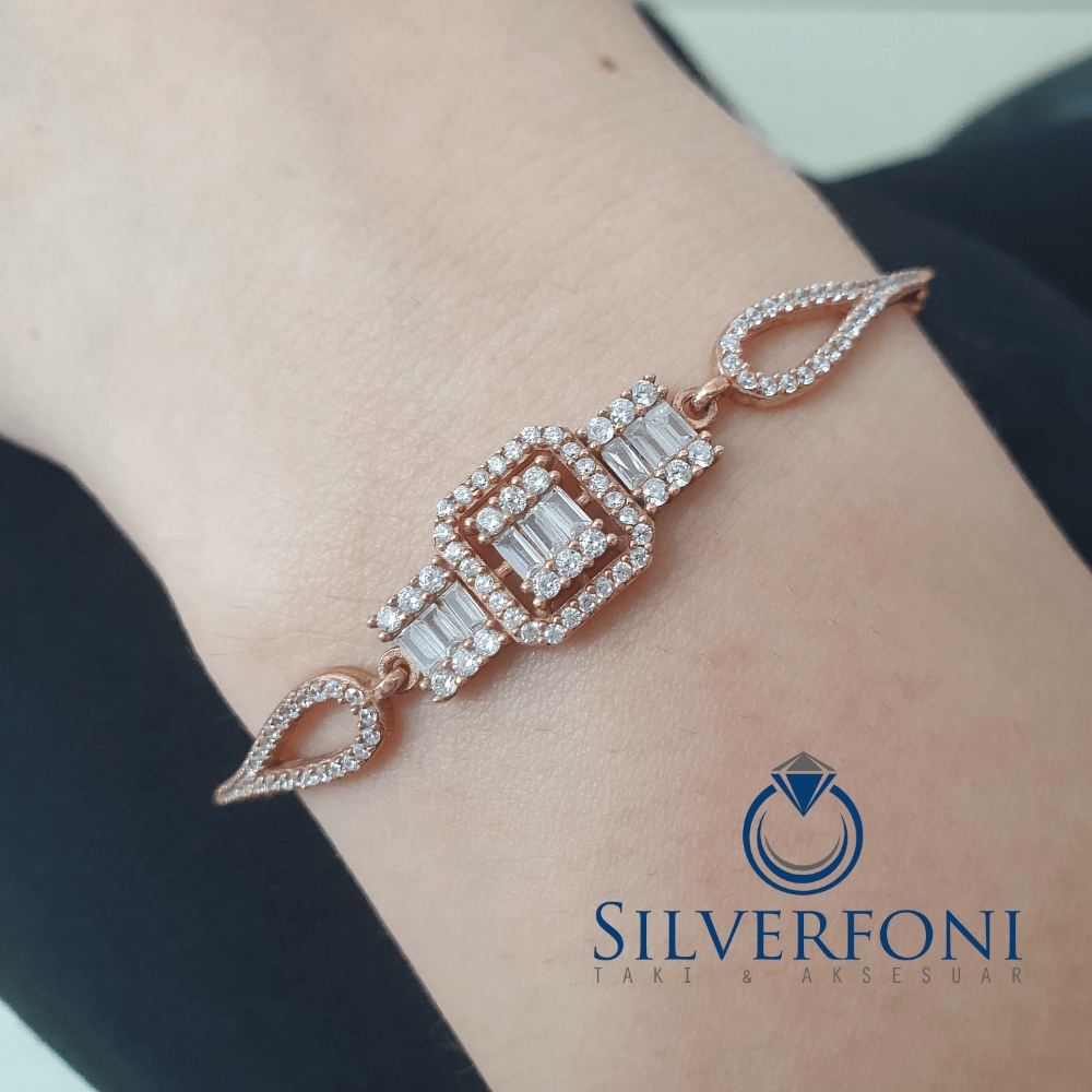 Silverfoni 925 Ayar Gümüş   Üçlü Baget Rozegold Bileklik