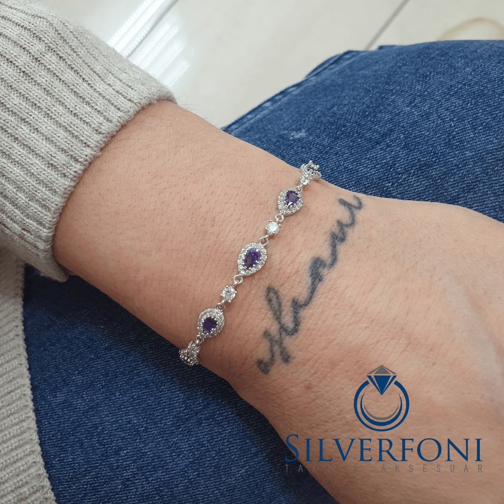Silverfoni 925 Ayar Gümüş Damla Suyolu Mor Taşlı  Bileklik