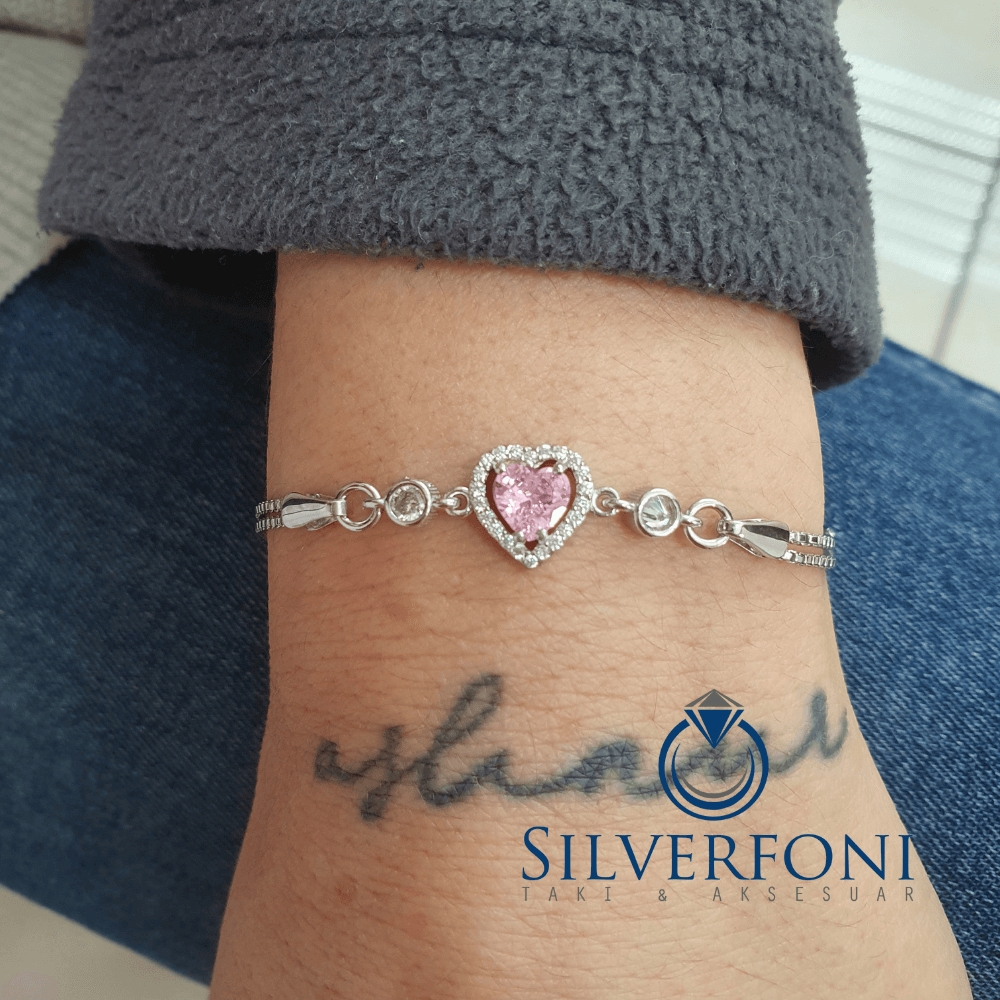 Silverfoni 925 Ayar Gümüş Kalp pembe Bileklik