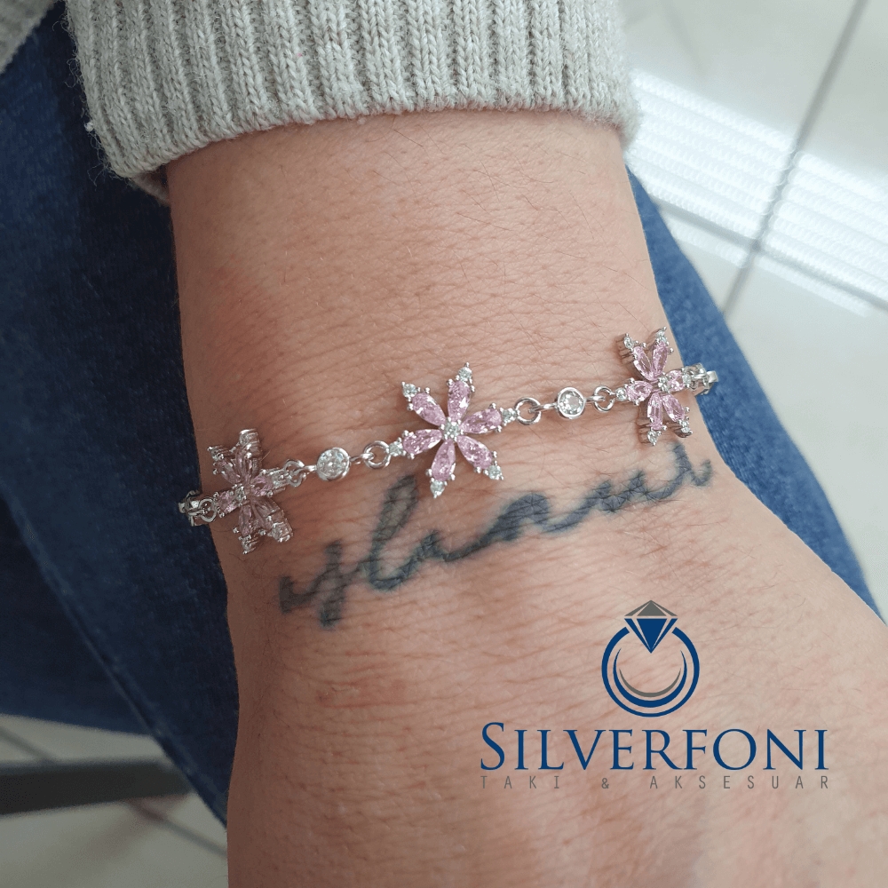 Silverfoni 925 Ayar Gümüş Lotus Pembe Taş Bileklik