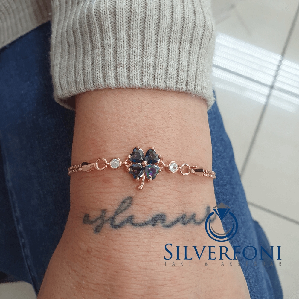 Silverfoni 925 Ayar Gümüş Yonca Rozegold Bileklik