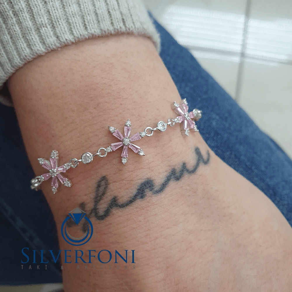 Silverfoni 925 Ayar Gümüş Lotus Pembe Taş Bileklik