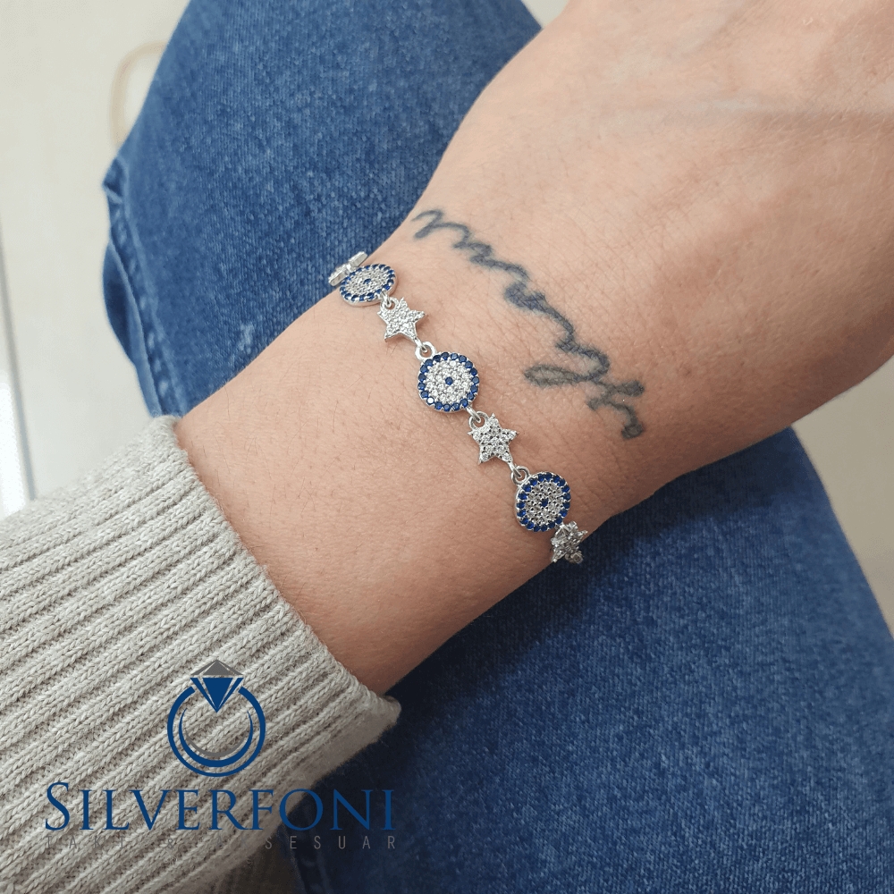 Silverfoni 925 Ayar Gümüş Nazar Boncugu Yıldız Bileklik