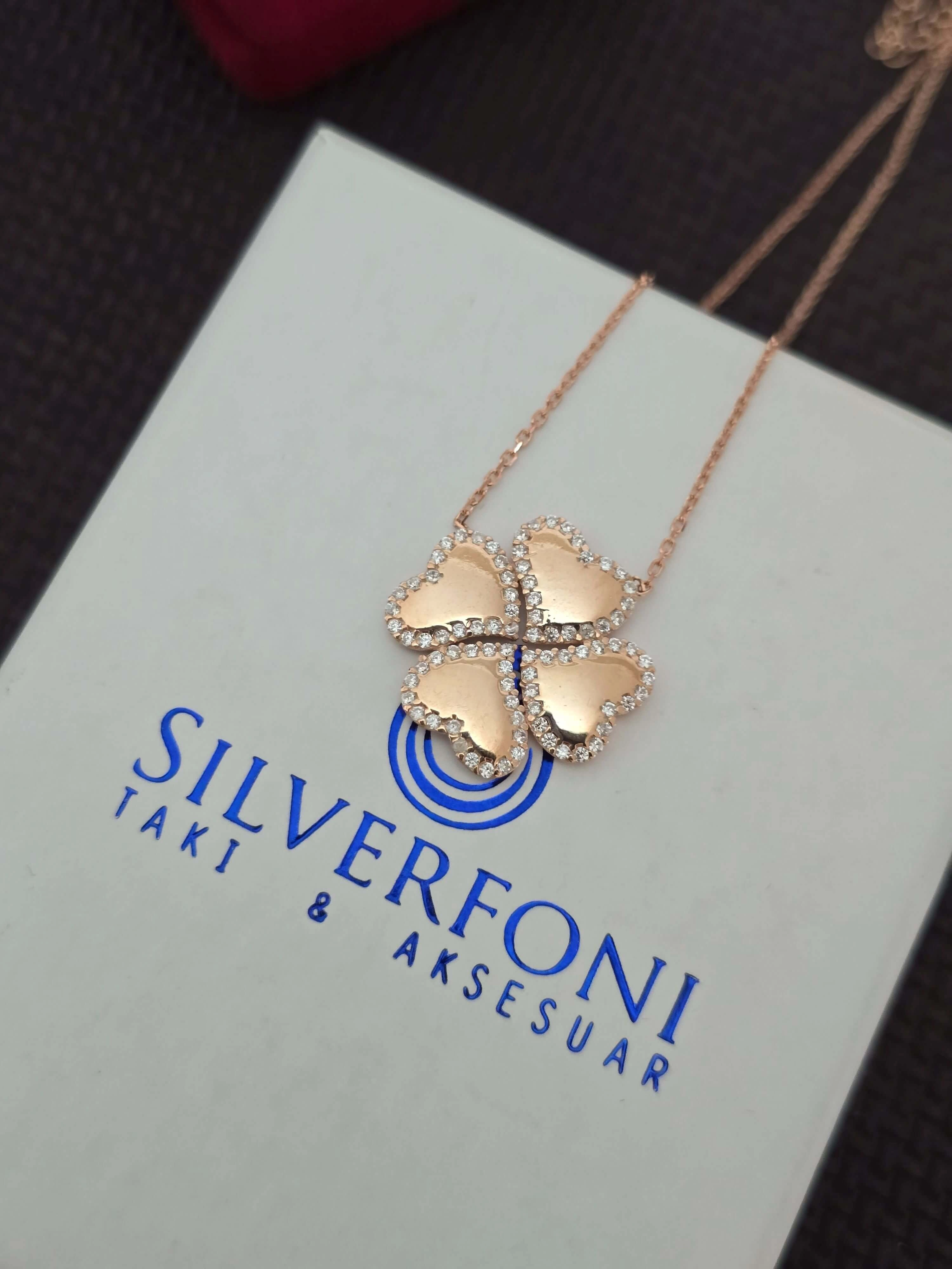 Silverfoni 925 Ayar Gümüş Bayan  kalp yonca Kolye