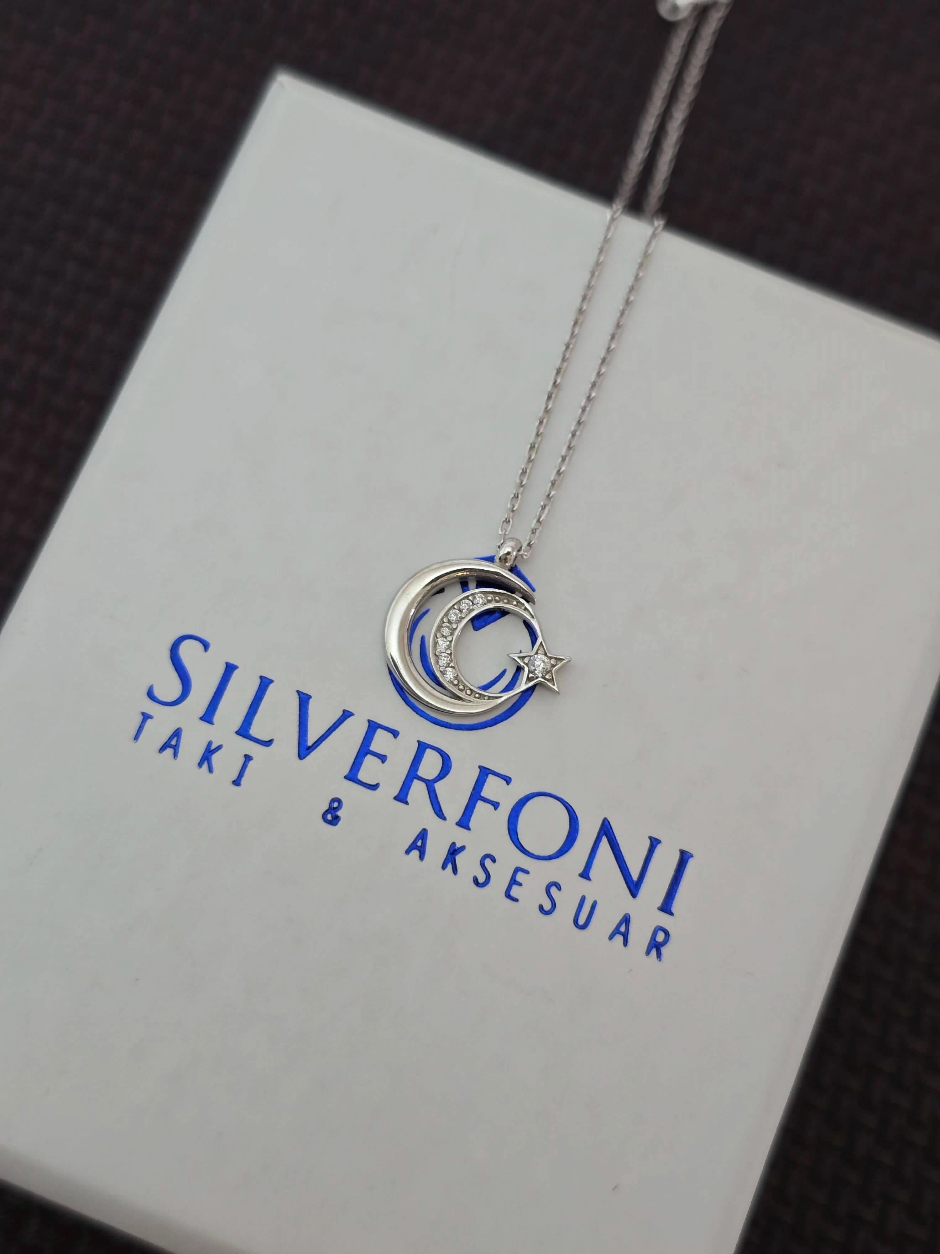Silverfoni 925 Ayar Gümüş Bayan ay yıldız  Kolye