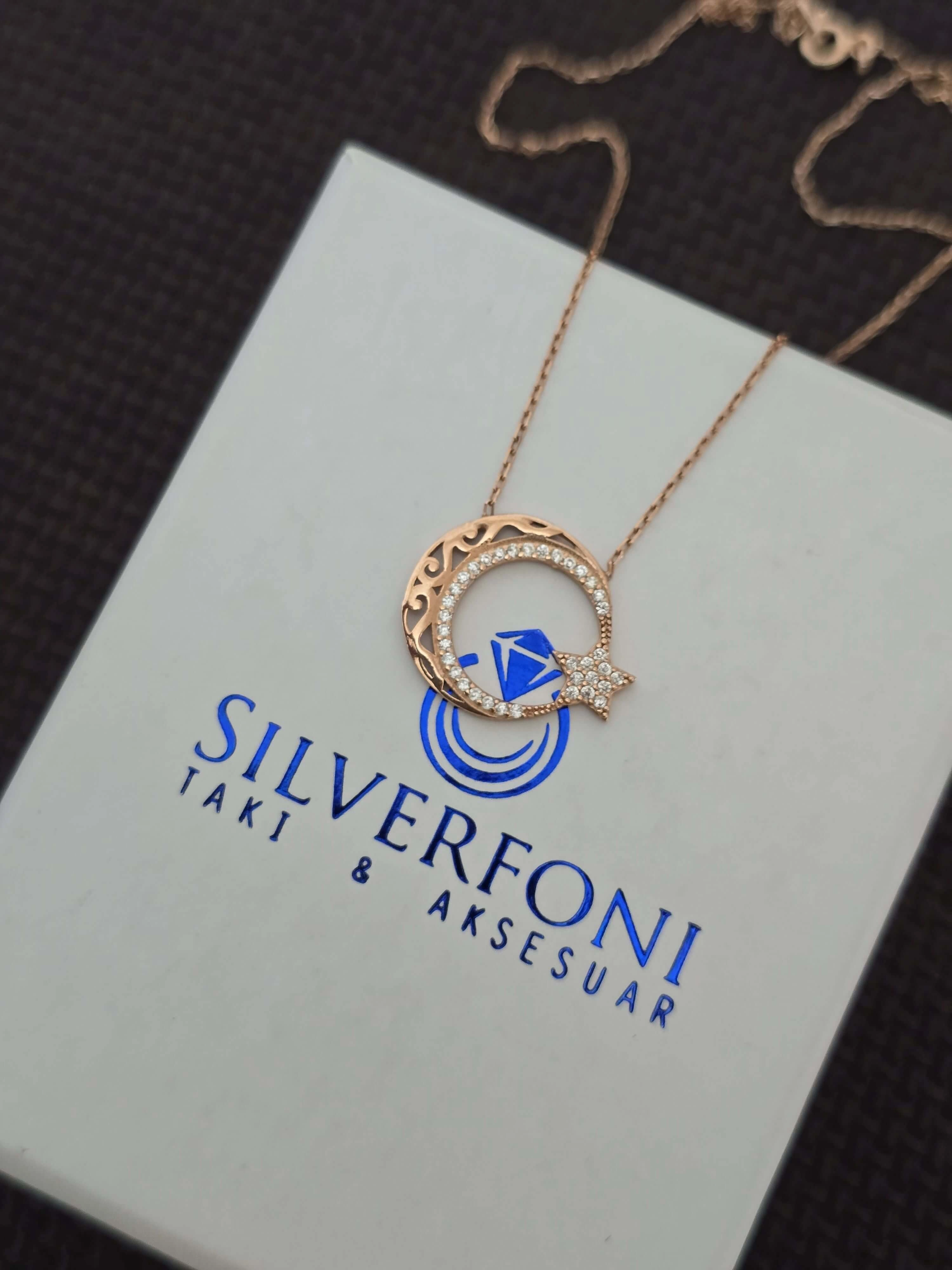 Silverfoni 925 Ayar Gümüş Bayan ay yıldız  Kolye