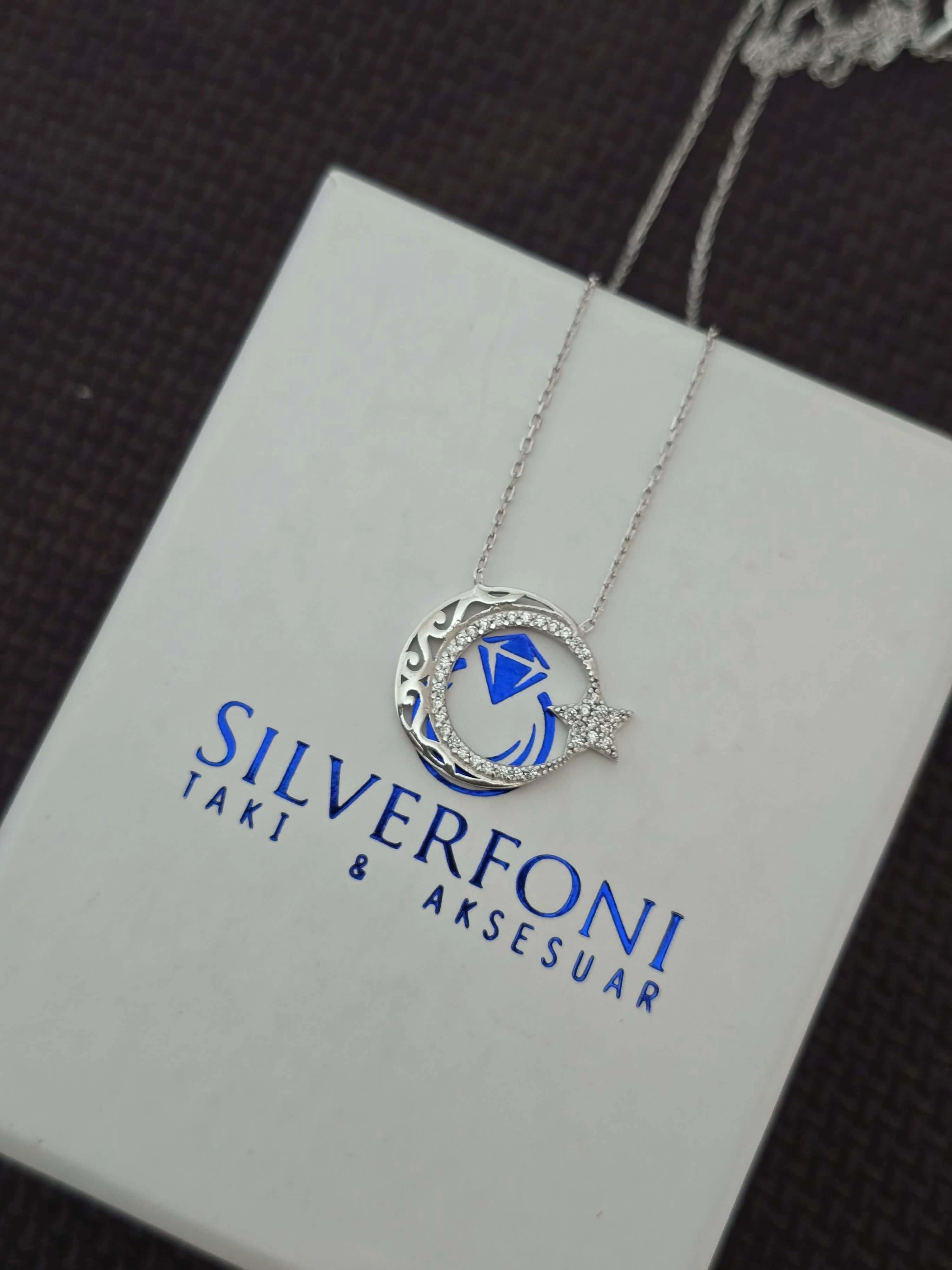 Silverfoni 925 Ayar Gümüş Bayan ay yıldız  Kolye