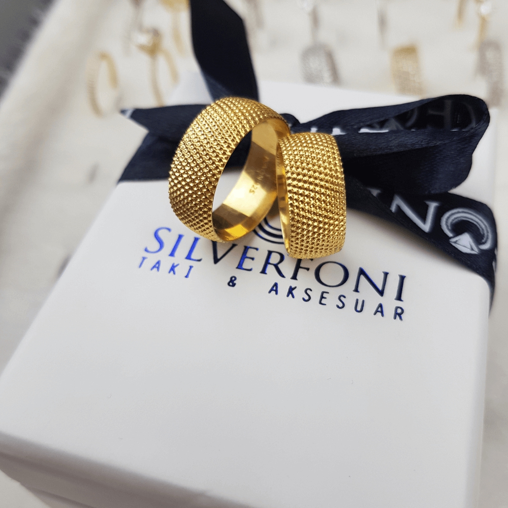 Silverfoni Tırtıklı Gold Gümüş  Alyans & Teksıra Tamtur Alyans  Kombini 