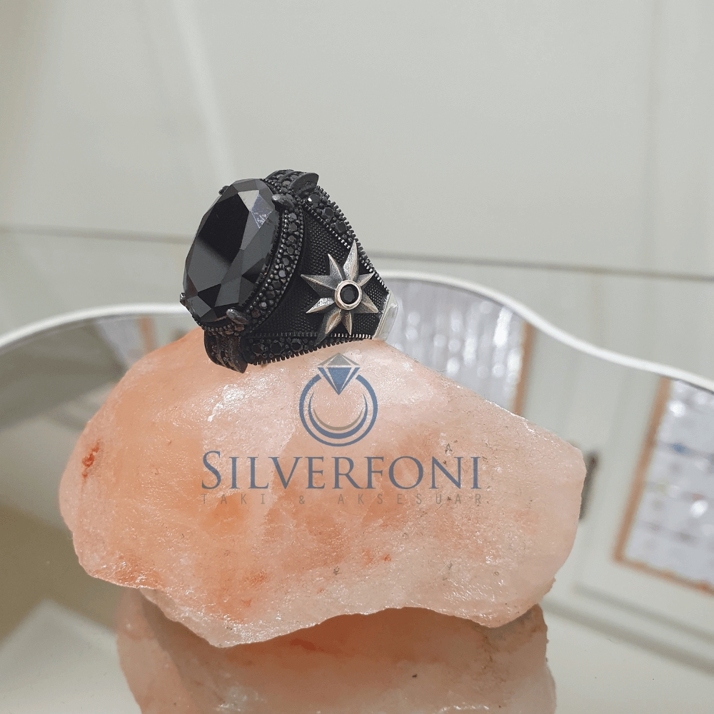 Silverfoni 925 Ayar Gümüş Oval Oniks taşlı pusula  erkek yüzük