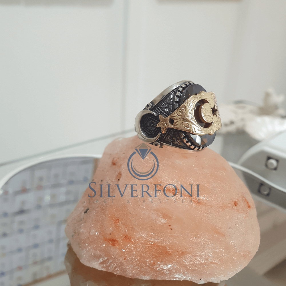 Silverfoni 925 Ayar Gümüş Ay Yıldız motifli  erkek yüzük