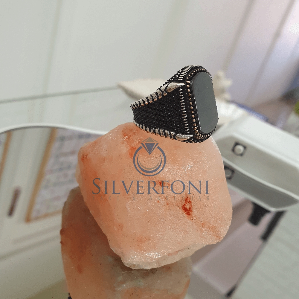 Silverfoni 925 Ayar Gümüş siyah Oniks taşlı  erkek yüzük