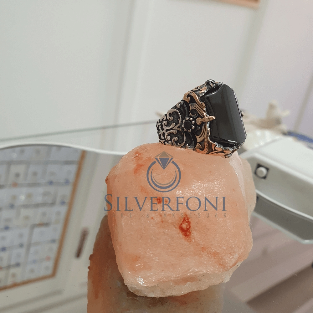 Silverfoni 925 Ayar Gümüş siyah büyük  Oniks taşlı  erkek yüzük