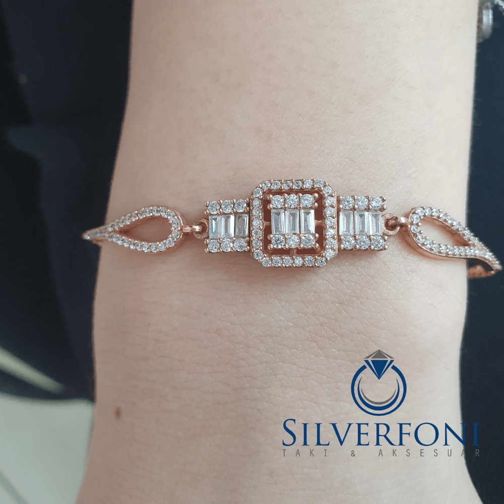 Silverfoni 925 Ayar Gümüş   Üçlü Baget Rozegold Bileklik