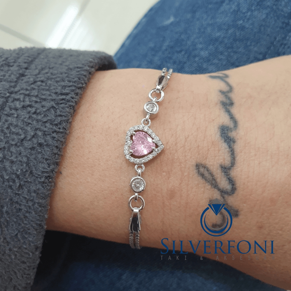 Silverfoni 925 Ayar Gümüş Kalp pembe Bileklik