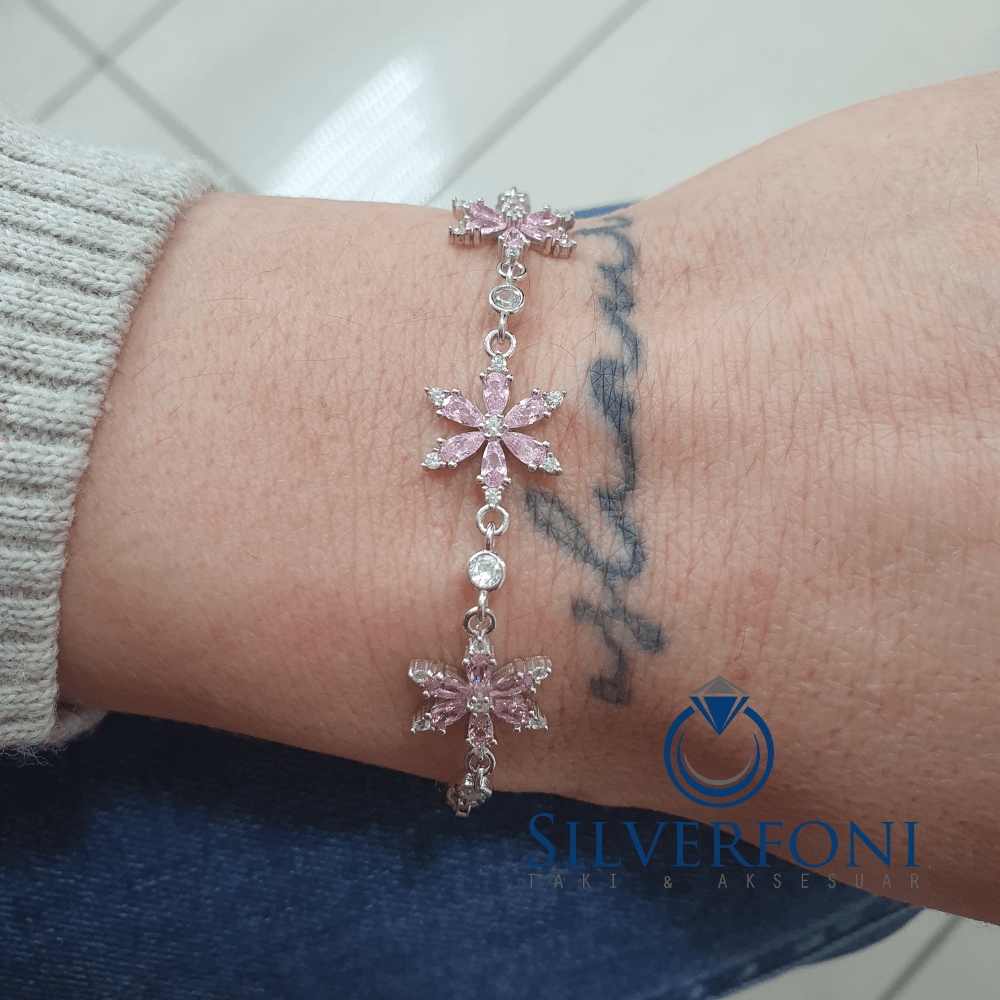 Silverfoni 925 Ayar Gümüş Lotus Pembe Taş Bileklik