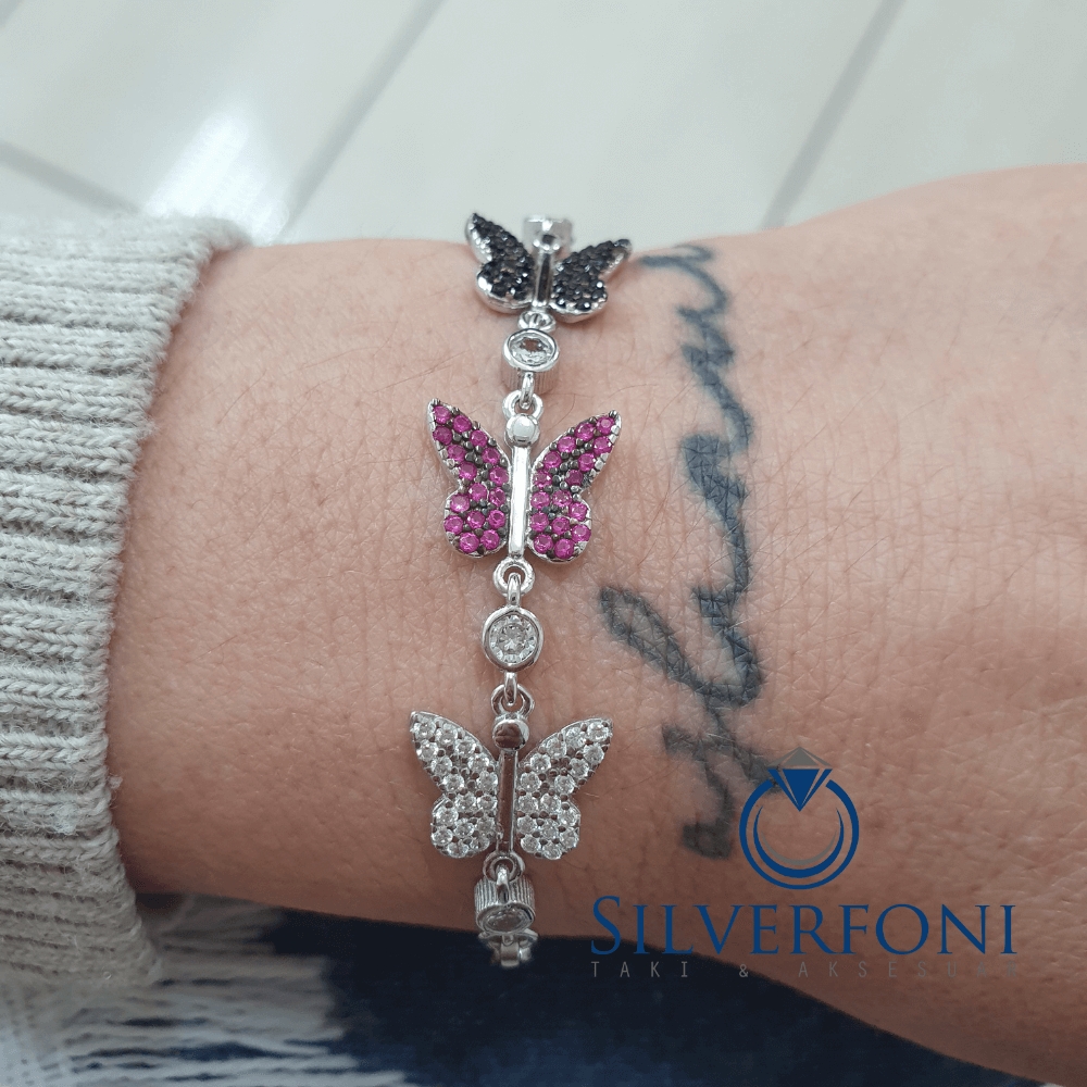 Silverfoni 925 Ayar Gümüş Kelebek 3 Renk Bileklik