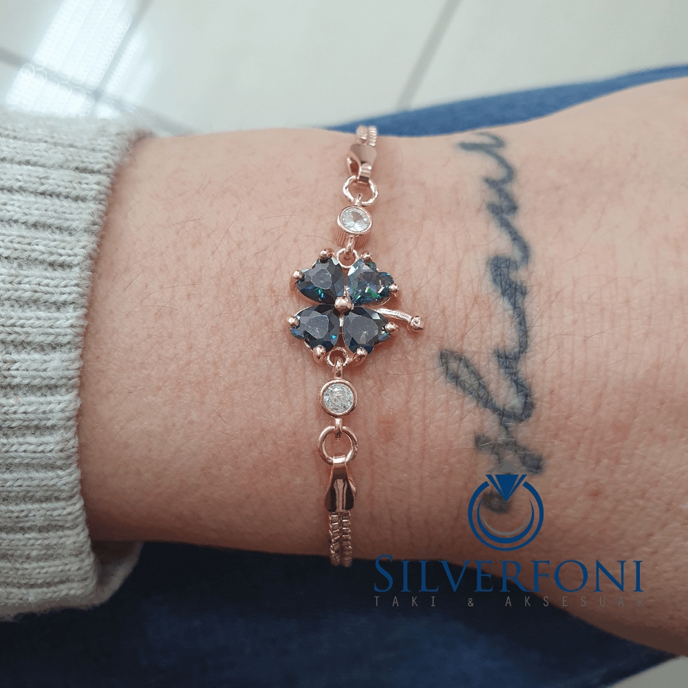 Silverfoni 925 Ayar Gümüş Yonca Rozegold Bileklik