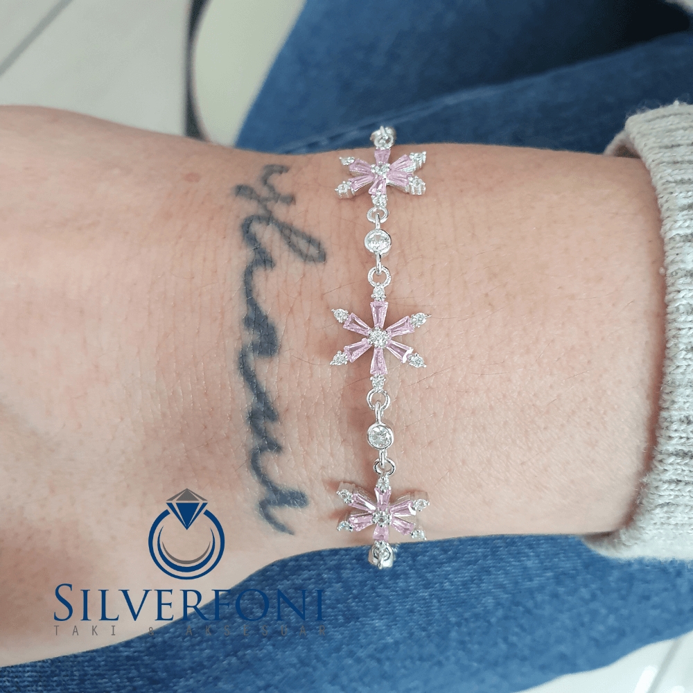 Silverfoni 925 Ayar Gümüş Lotus Pembe Taş Bileklik