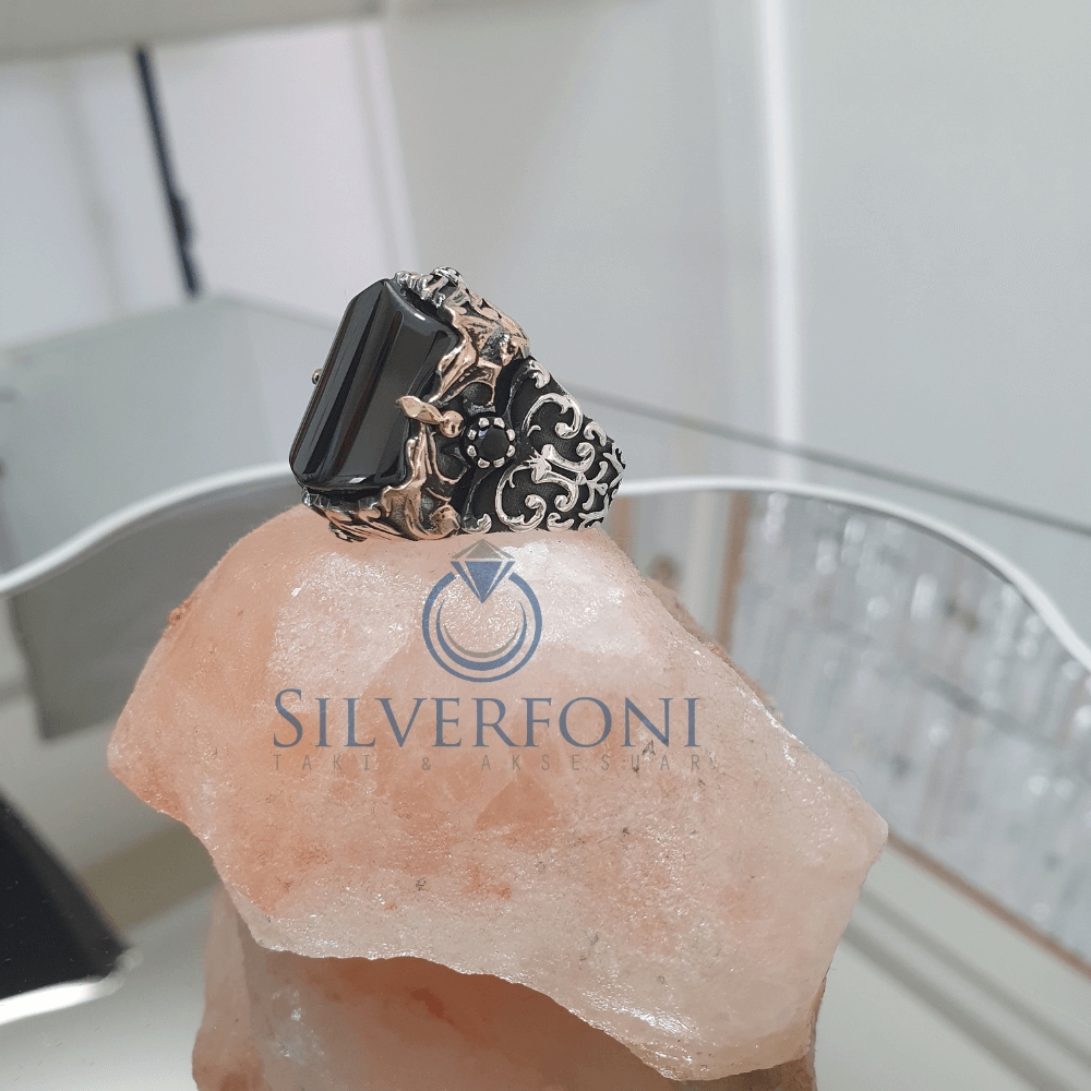 Silverfoni 925 Ayar Gümüş siyah büyük  Oniks taşlı  erkek yüzük