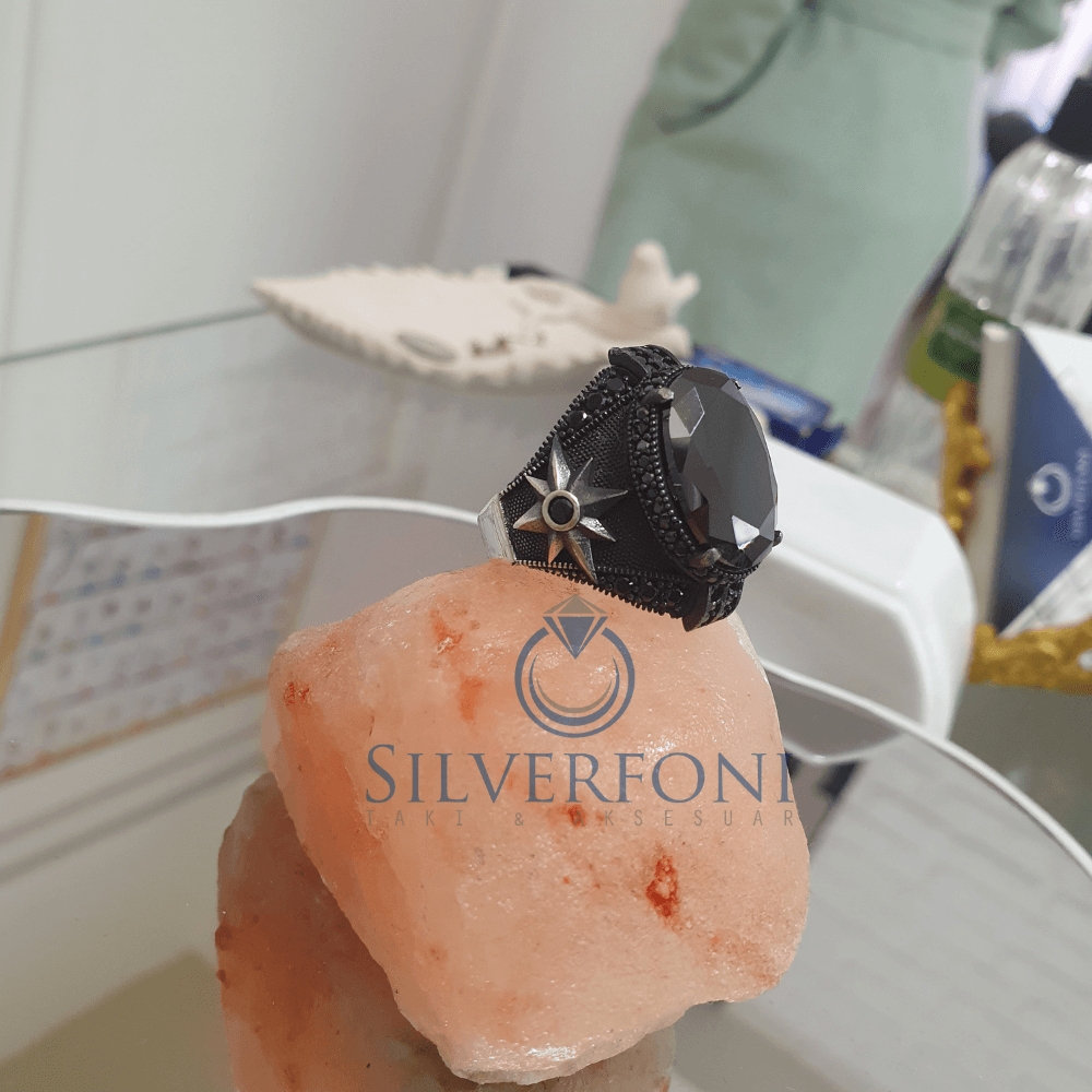 Silverfoni 925 Ayar Gümüş Oval Oniks taşlı pusula  erkek yüzük