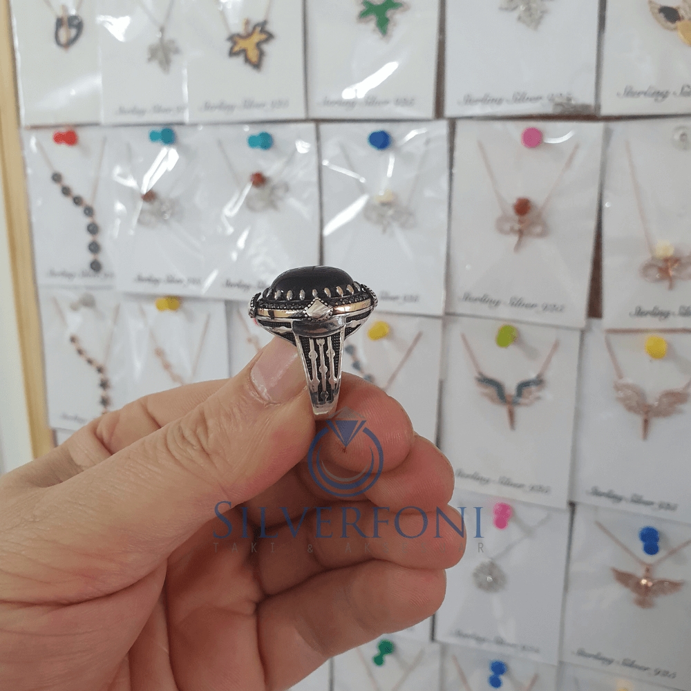 Silverfoni 925 Ayar Gümüş Oval oniks taşlı  erkek yüzük