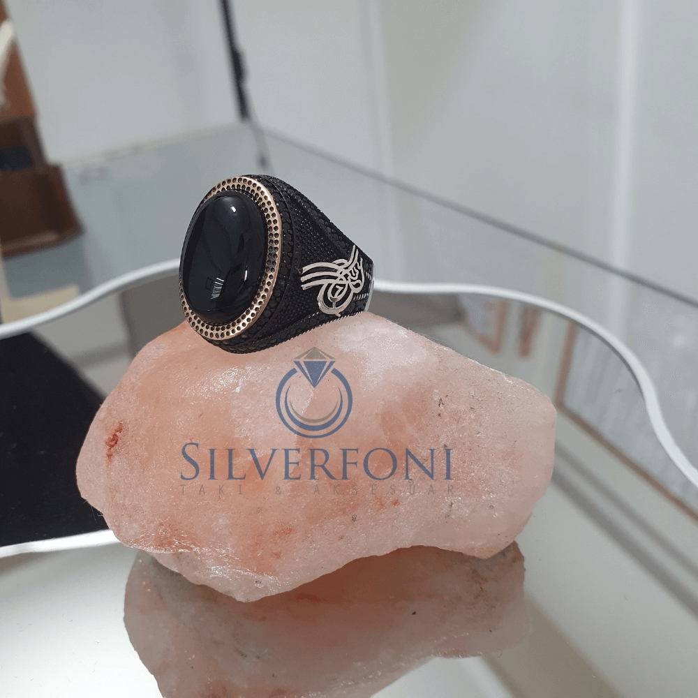 Silverfoni 925 Ayar Gümüş oniks taşlı osmanlı tuğralı   erkek yüzük