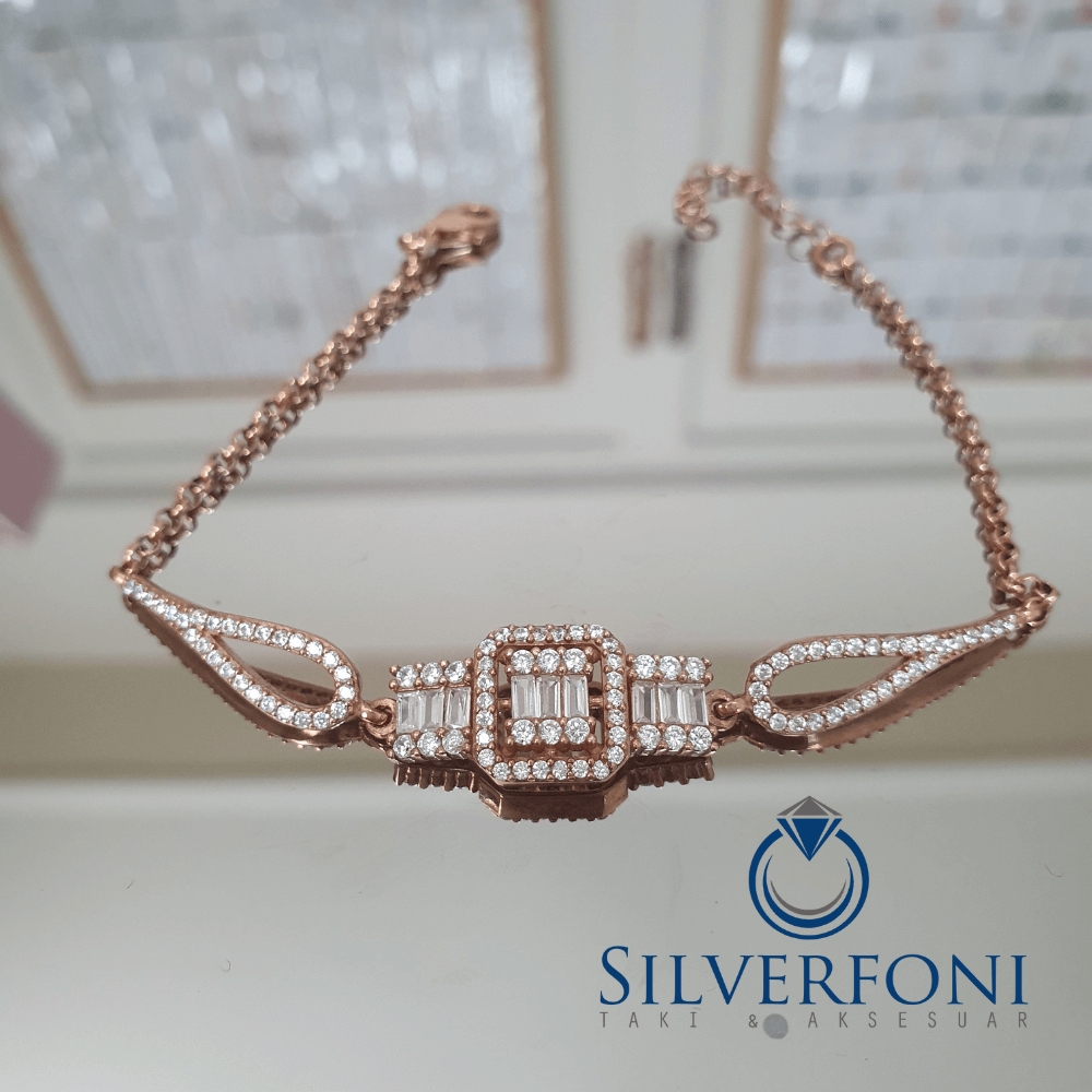 Silverfoni 925 Ayar Gümüş   Üçlü Baget Rozegold Bileklik