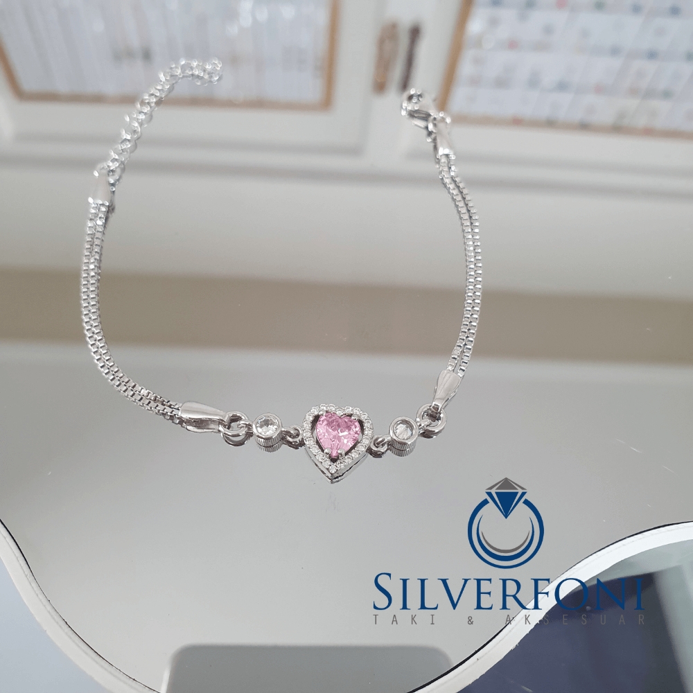 Silverfoni 925 Ayar Gümüş Kalp pembe Bileklik