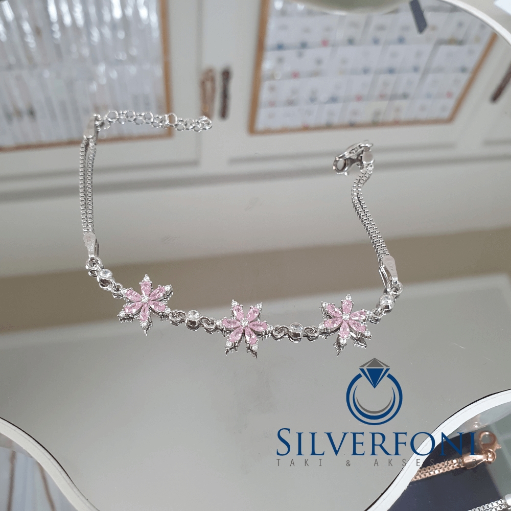 Silverfoni 925 Ayar Gümüş Lotus Pembe Taş Bileklik