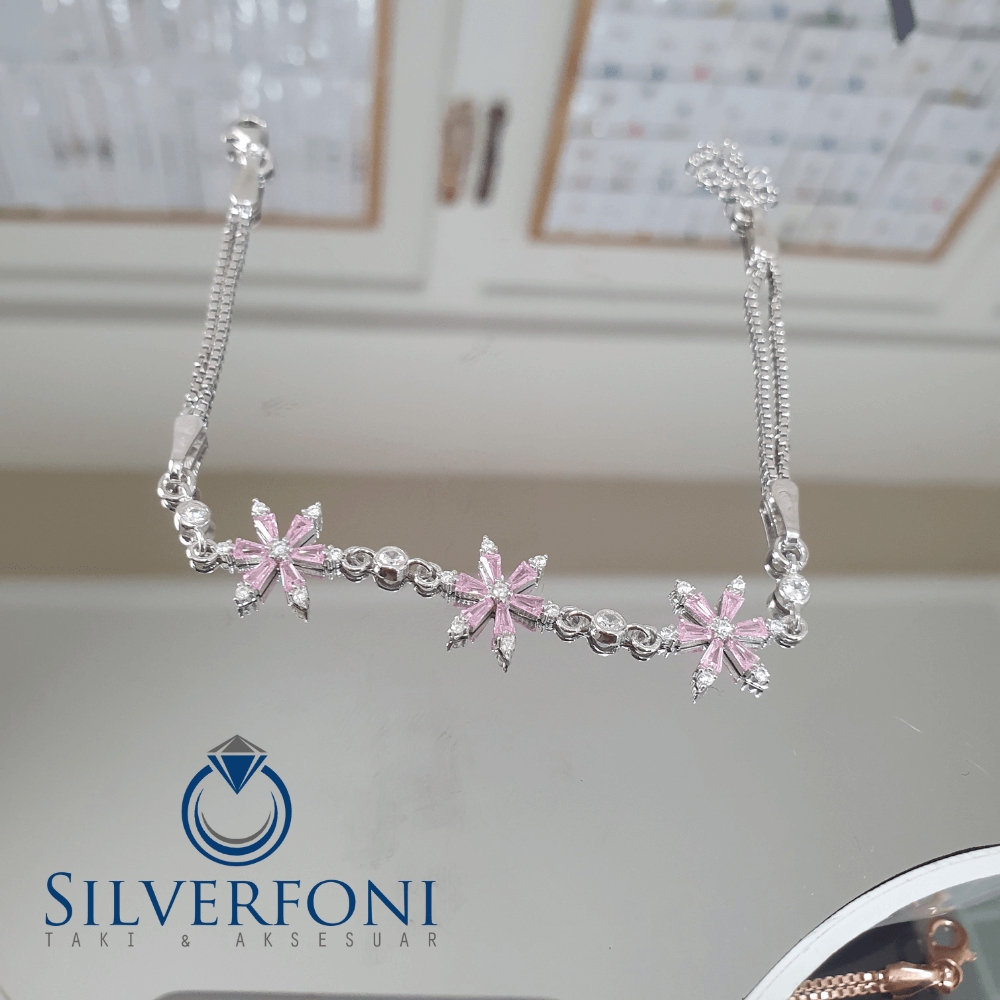 Silverfoni 925 Ayar Gümüş Lotus Pembe Taş Bileklik