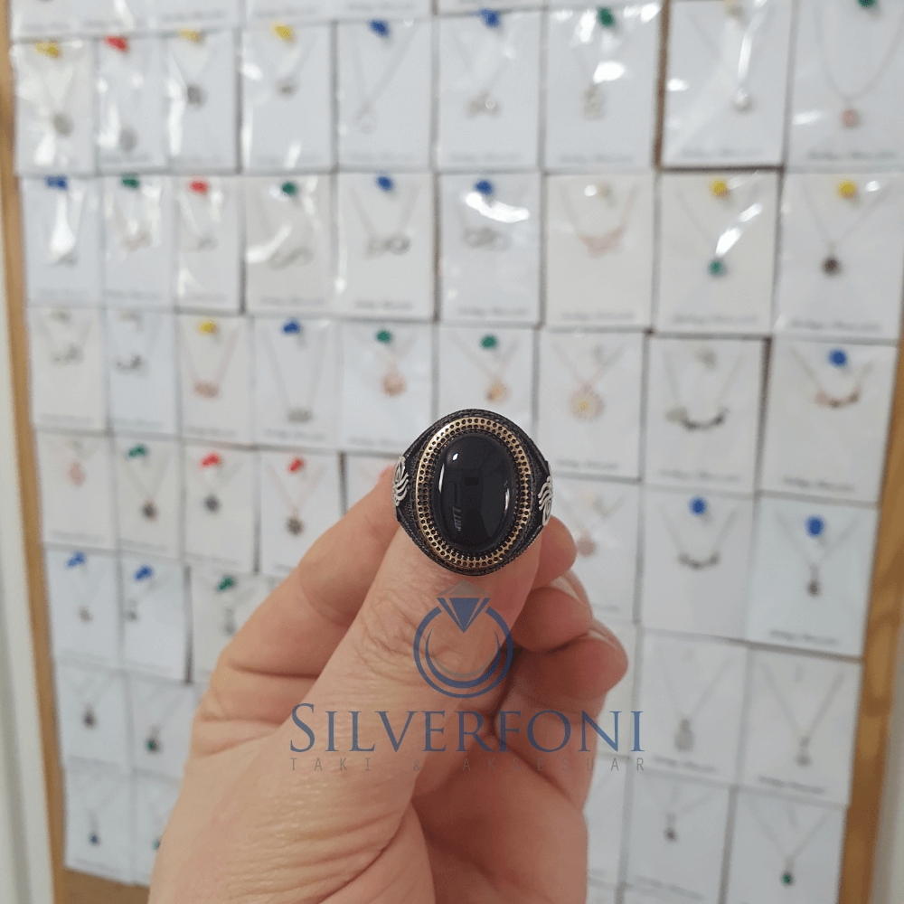 Silverfoni 925 Ayar Gümüş oniks taşlı osmanlı tuğralı   erkek yüzük