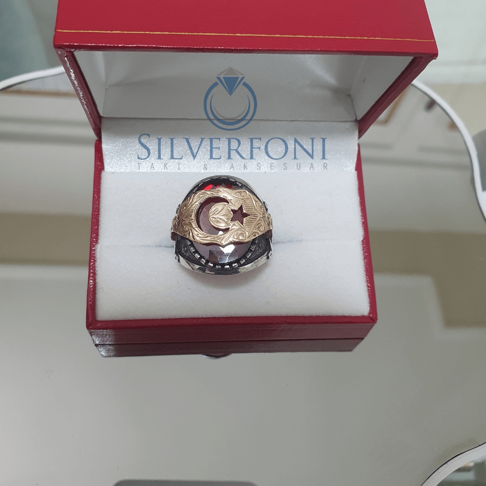 Silverfoni 925 Ayar Gümüş Ay Yıldız motifli  erkek yüzük