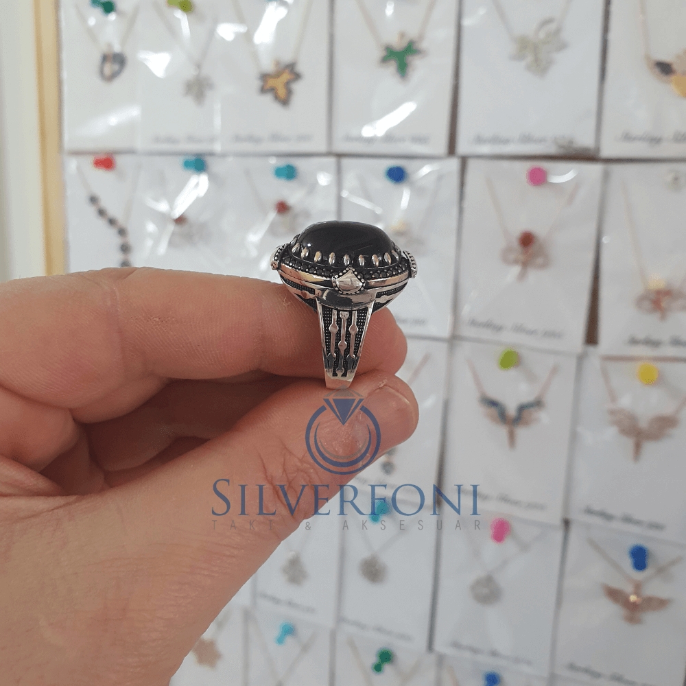 Silverfoni 925 Ayar Gümüş Oval oniks taşlı  erkek yüzük