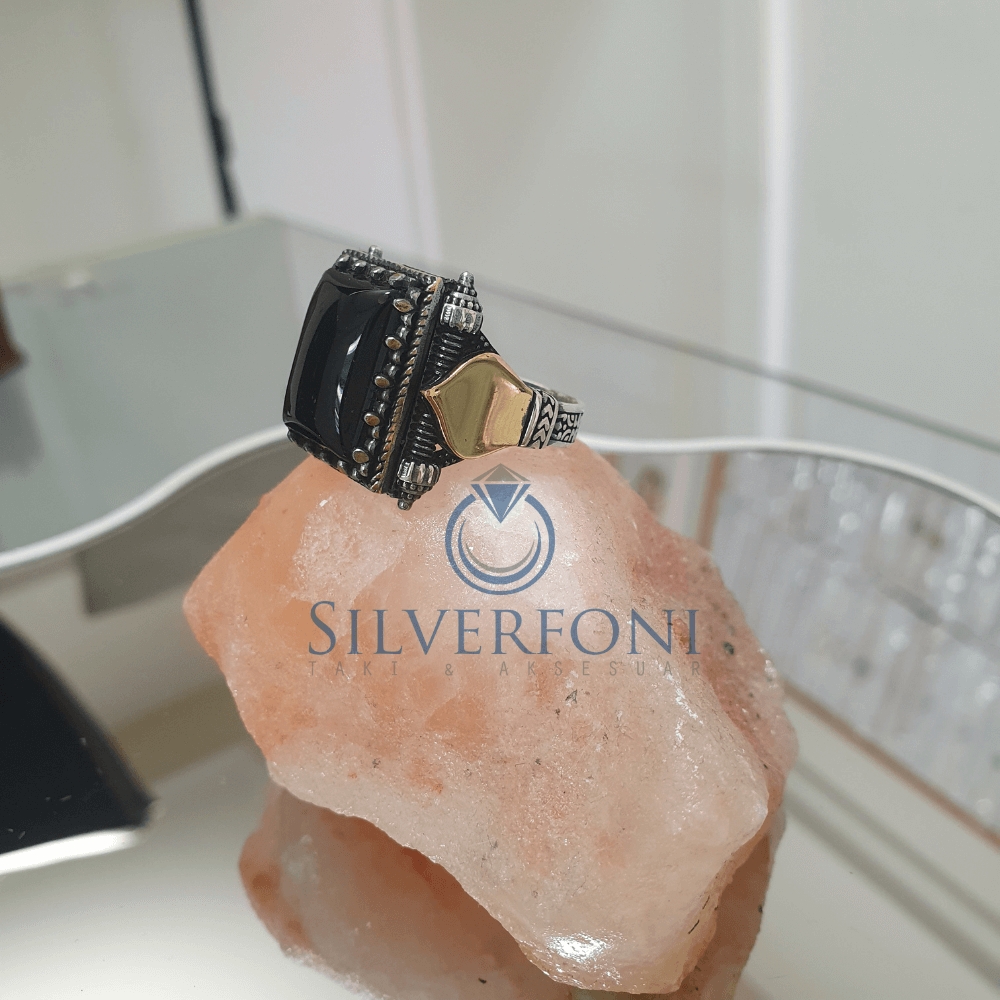 Silverfoni 925 Ayar Gümüş siyah taşlı  erkek yüzük