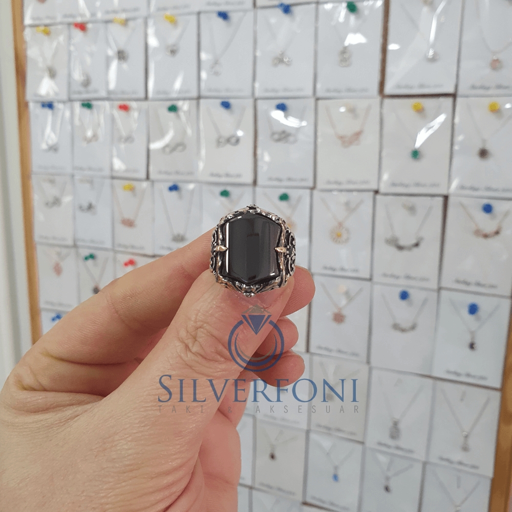 Silverfoni 925 Ayar Gümüş siyah büyük  Oniks taşlı  erkek yüzük