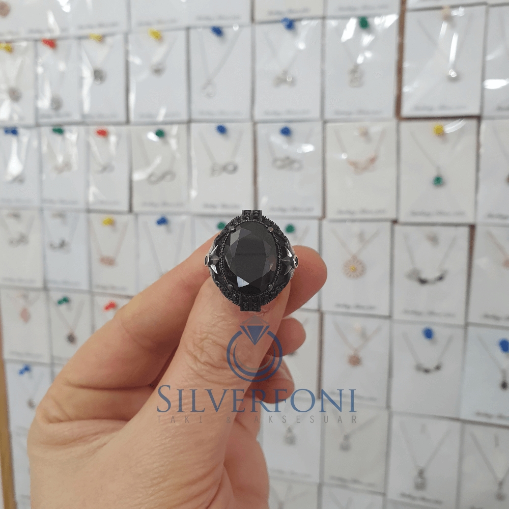 Silverfoni 925 Ayar Gümüş Oval Oniks taşlı pusula  erkek yüzük