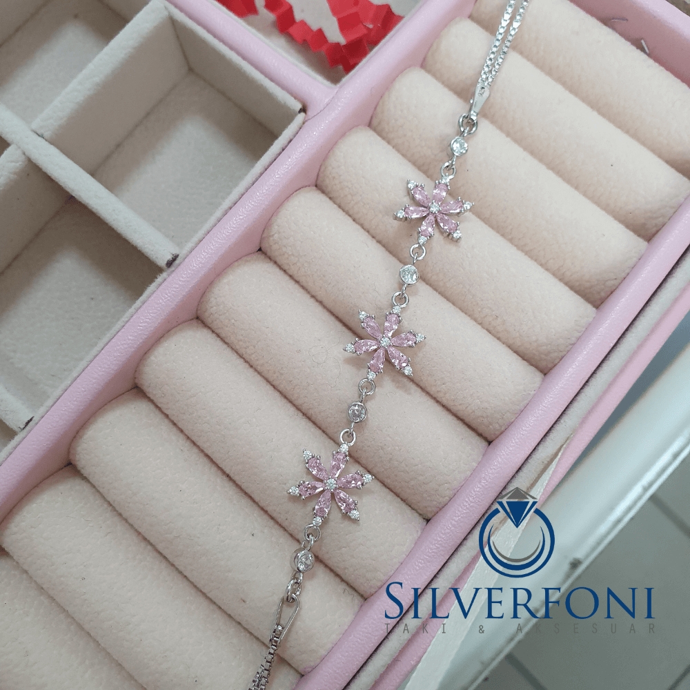 Silverfoni 925 Ayar Gümüş Lotus Pembe Taş Bileklik