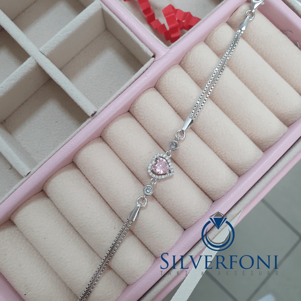 Silverfoni 925 Ayar Gümüş Kalp pembe Bileklik