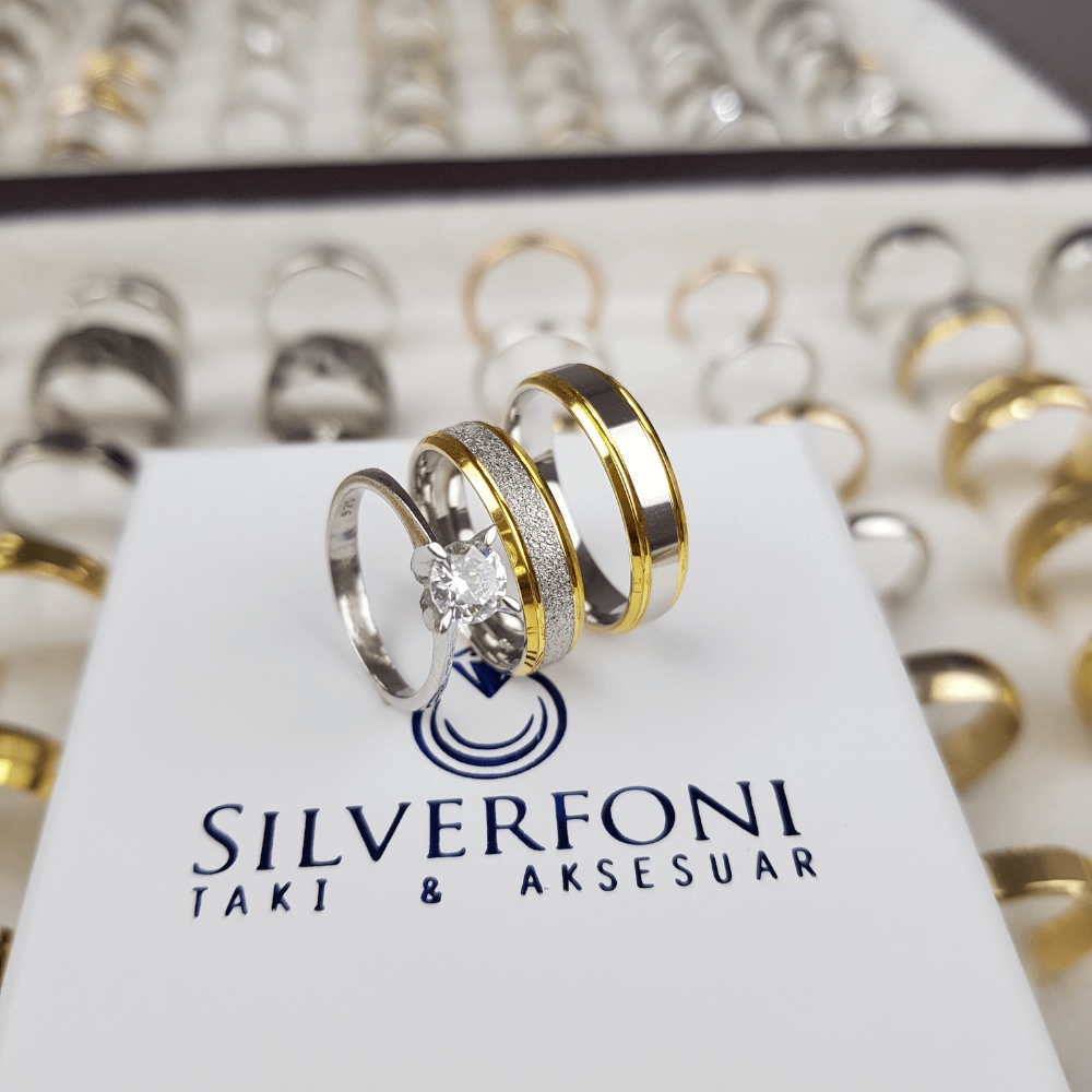 Silverfoni 5mm küt kesim sarı şerit Alyans & Tektaş  Kombini 