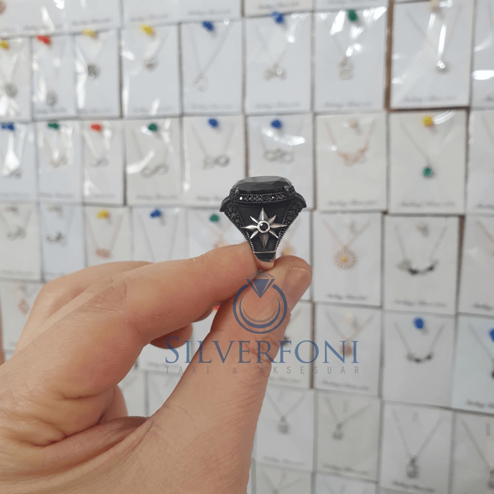 Silverfoni 925 Ayar Gümüş Oval Oniks taşlı pusula  erkek yüzük