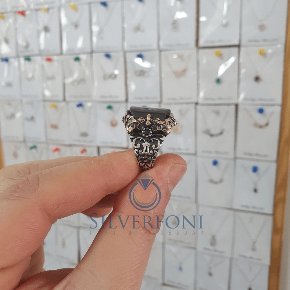 Silverfoni 925 Ayar Gümüş siyah büyük  Oniks taşlı  erkek yüzük