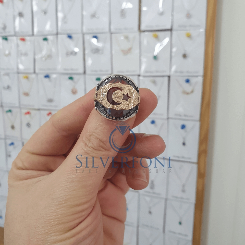 Silverfoni 925 Ayar Gümüş Ay Yıldız motifli  erkek yüzük