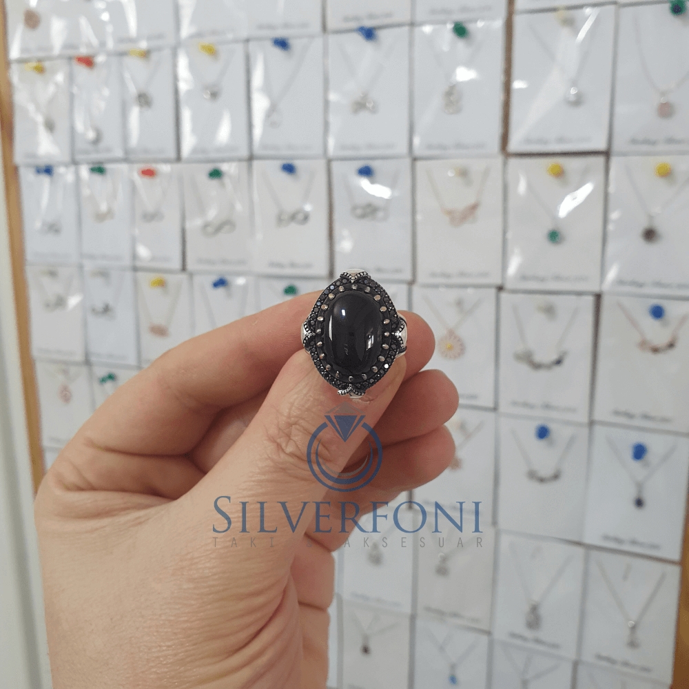 Silverfoni 925 Ayar Gümüş Oval oniks taşlı  erkek yüzük