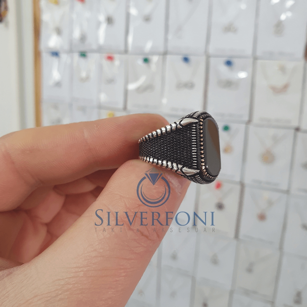 Silverfoni 925 Ayar Gümüş siyah Oniks taşlı  erkek yüzük