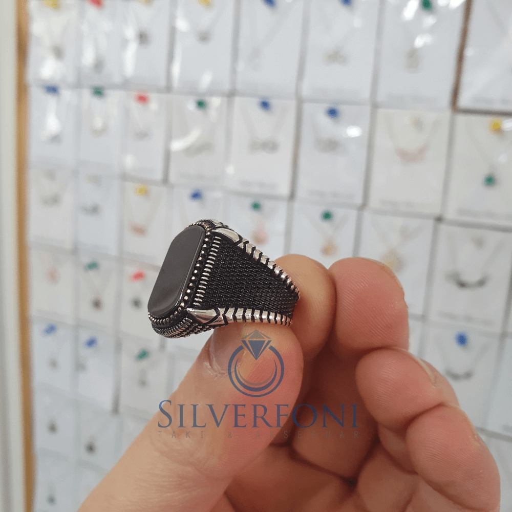 Silverfoni 925 Ayar Gümüş siyah Oniks taşlı  erkek yüzük